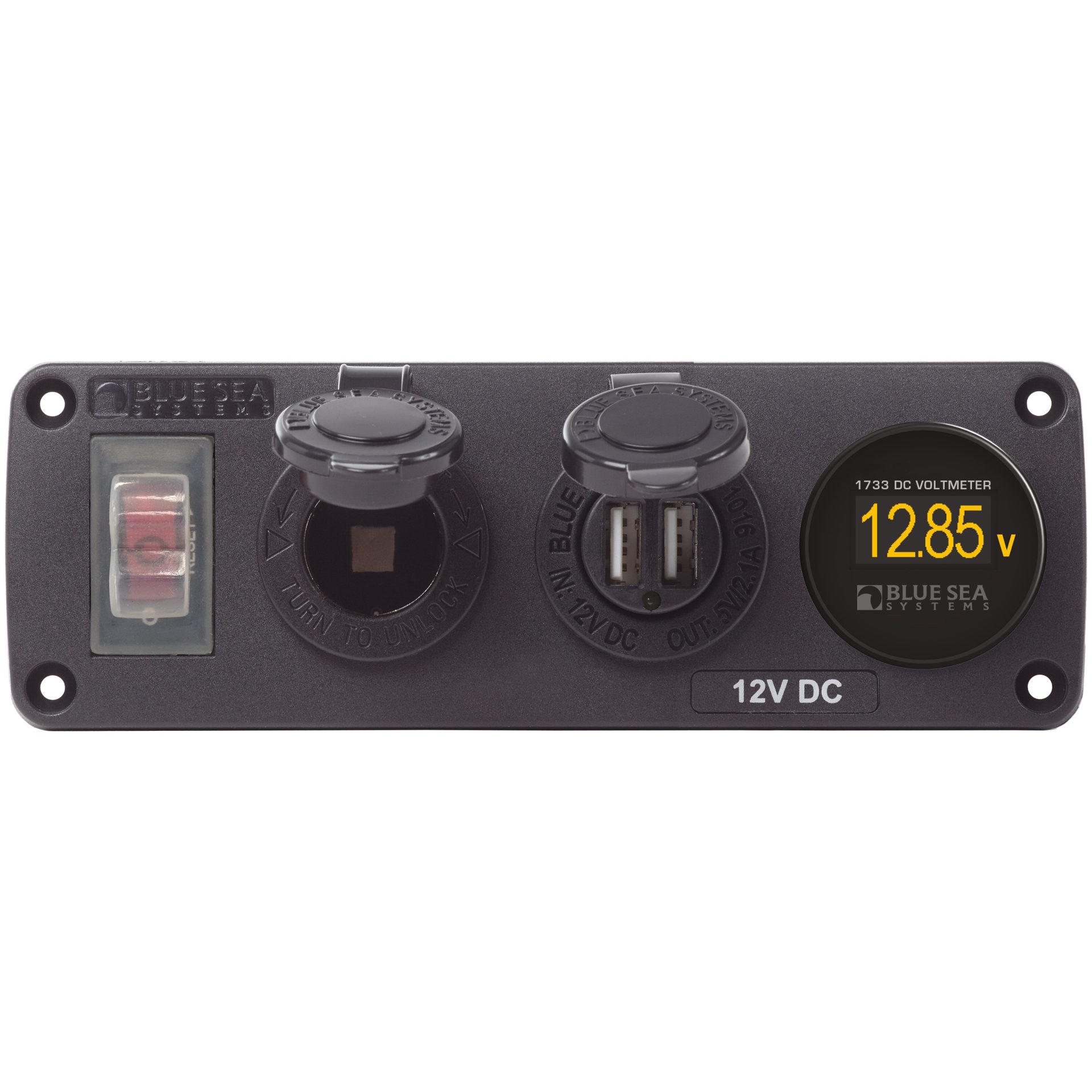 Blue Sea 4366 Water-Resistant Accessory Panel - Circuit Breaker, 12V Socket, Dual USB Charger, Mini Voltmeter