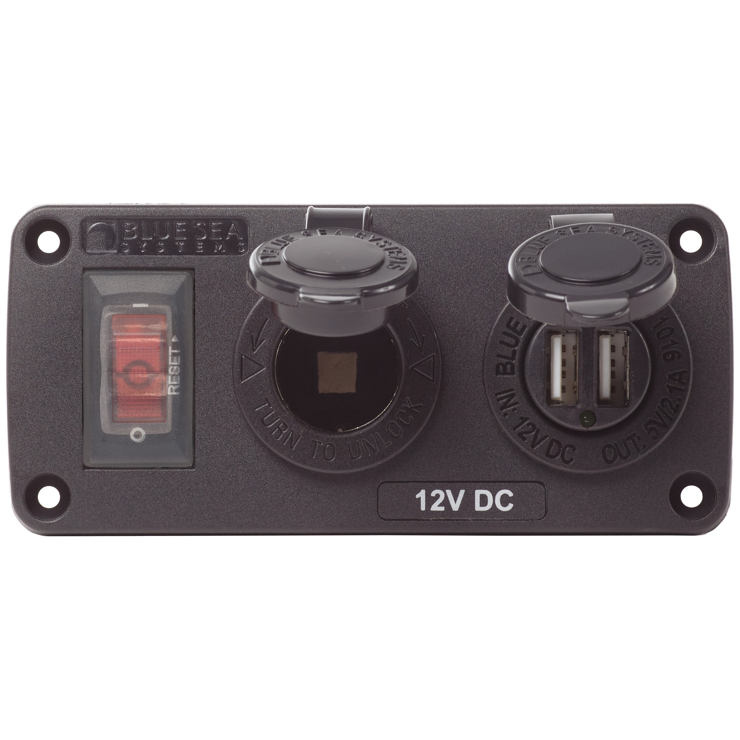 Blue Sea 4363 Water-Resistant Accessory Panels - 15A Circuit Breaker, 12V Socket, 2.1A Dual USB Charger