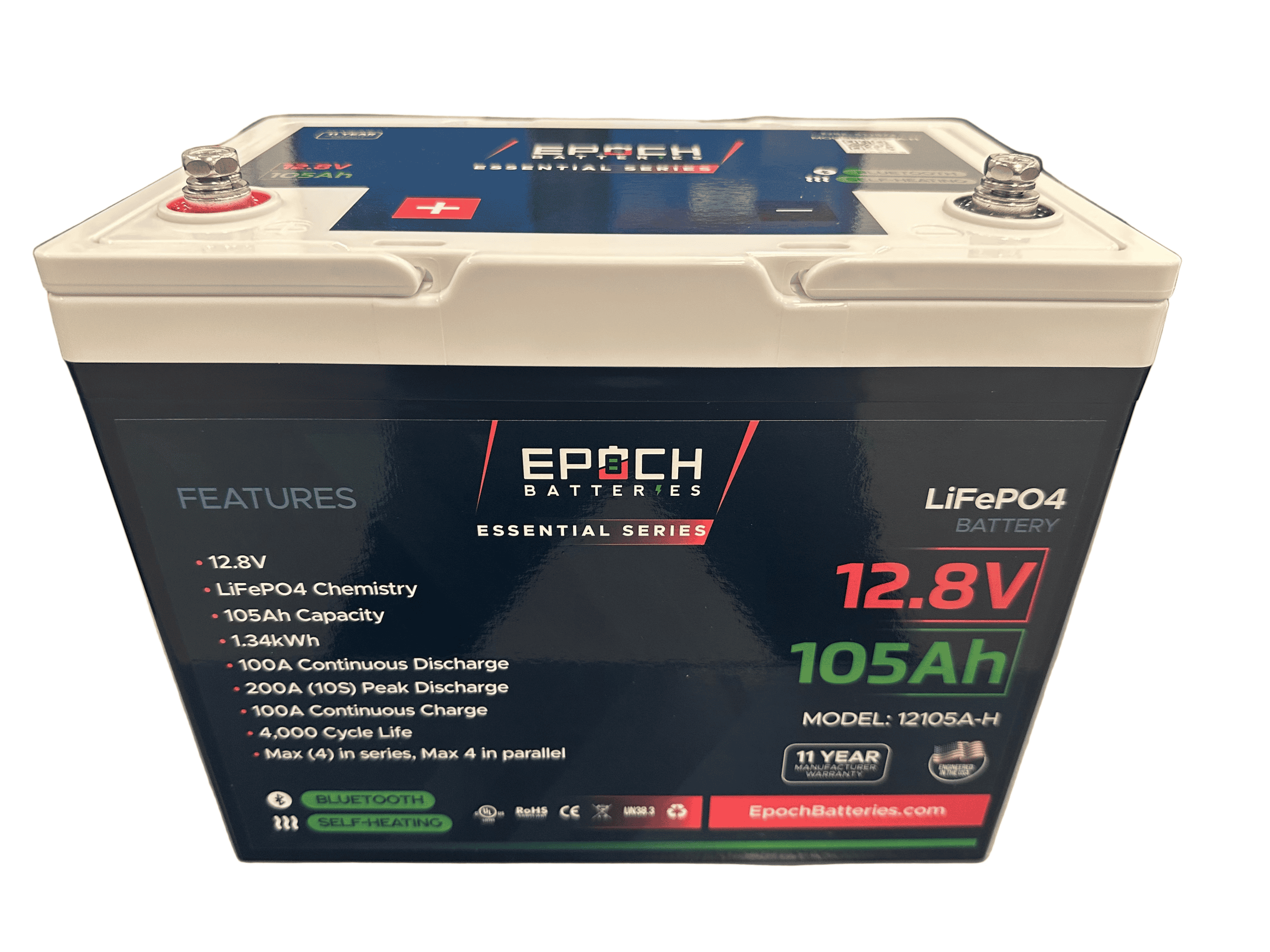 12 Volt 105Ah LiFePO4 battery with Bluetooth and heated features.